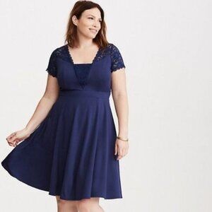 Torrid Navy Blue Lace Inset Ponte Skater Mini Dress Women Size 18